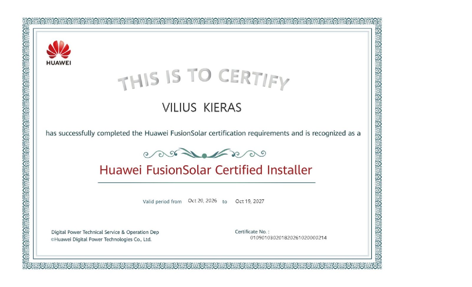 Huawei FusionSolar Certified Installer sertifikatas, Vilius Kieras, galioja 2026-10-20 – 2027-10-19